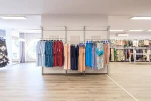 Foto di parte di un negozio di abbigliamento, con stand e vestiti appesi. 